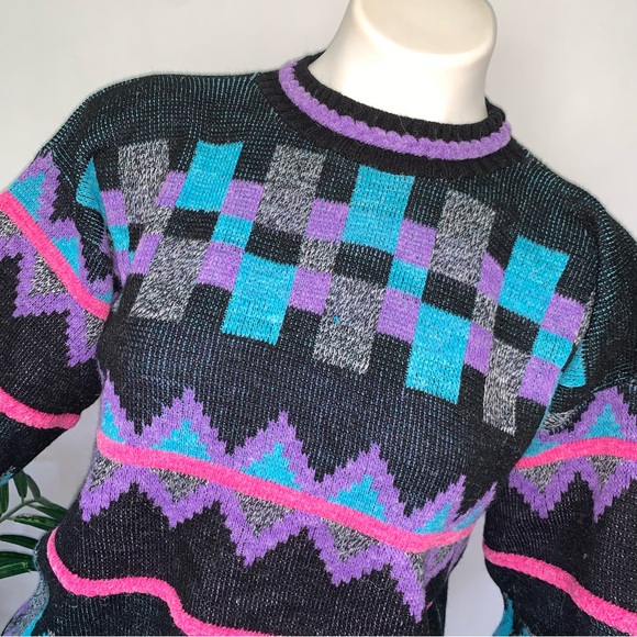 v i n t a g e :: Slouchy Bold Geometric Neon Grandpa Knit Sweater - Picture 2 of 14